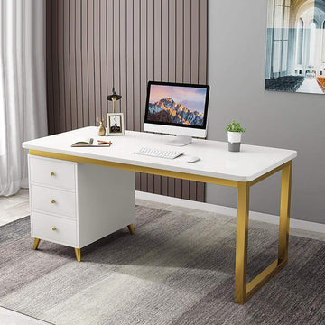 Modern White Rectangular Home Office Desk with Drawers in Gold Leg-Desks,Furniture,Office Furniture